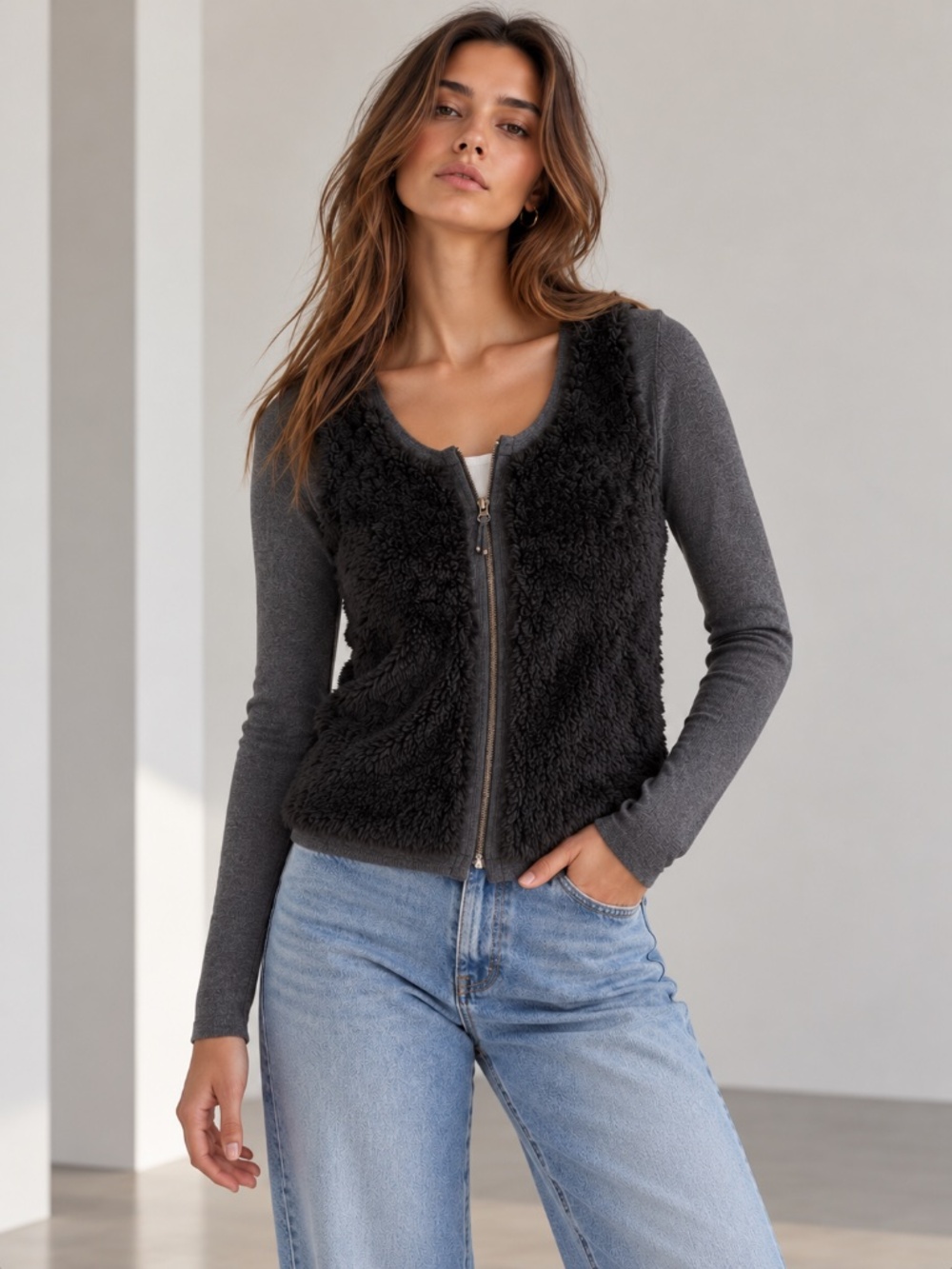 Promod Women’s Faux Fur Zip-Up Cardigan – Gray & Black Size M